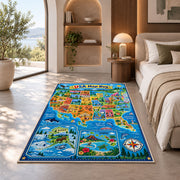 blue usa explorer map rug displayed in a bedroom in sunlight