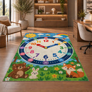 woodland friends learning clock rug displayed in a living room with wooden shelves