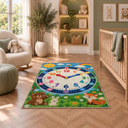 woodland friends learning clock rug displayed in a nursery beside an upholstered chair