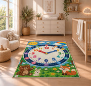 woodland friends learning clock rug displayed in a nursery beside a crib