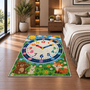 woodland friends learning clock rug displayed in a bedroom beside the bed