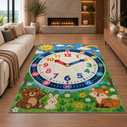 woodland friends learning clock rug displayed in a living room with a fireplace