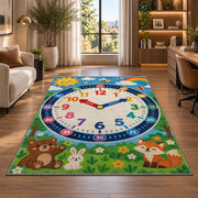 woodland friends learning clock rug displayed in a lounge with wooden shelves