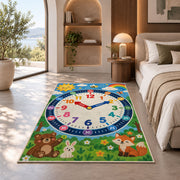 woodland friends learning clock rug displayed in a bedroom in sunlight