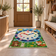 woodland friends learning clock rug displayed in a entryway beside a wooden door