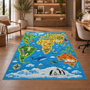 animal world explorer map rug displayed in a living room with wooden shelves
