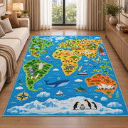 animal world explorer map rug displayed in a sunlit lounge beside a sofa