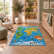animal world explorer map rug displayed in a nursery beside an upholstered chair