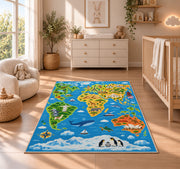 animal world explorer map rug displayed in a nursery beside a crib