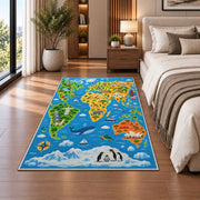 animal world explorer map rug displayed in a bedroom beside the bed