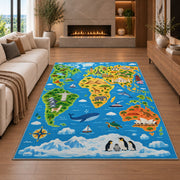 animal world explorer map rug displayed in a living room with a fireplace