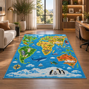 animal world explorer map rug displayed in a lounge with wooden shelves