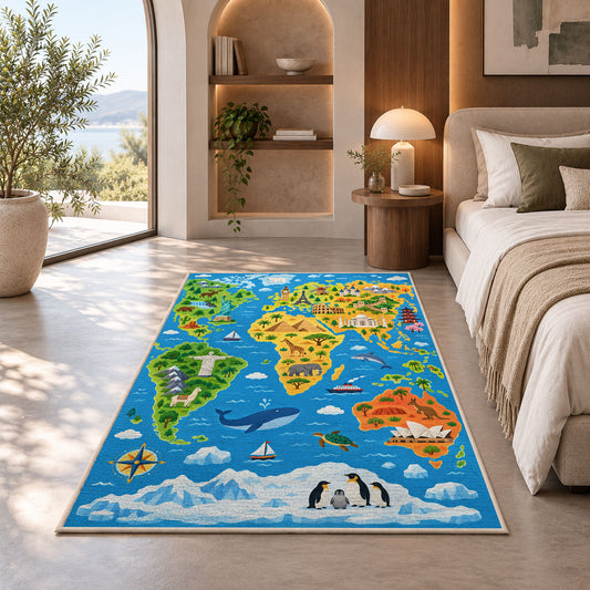 animal world explorer map rug displayed in a bedroom in sunlight