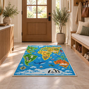 animal world explorer map rug displayed in a entryway beside a wooden door