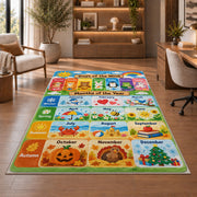 pastel days and months calendar rug displayed in a living room with wooden shelves