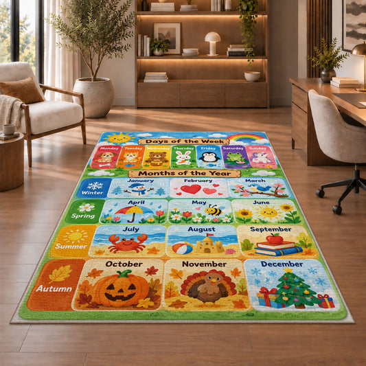 pastel days and months calendar rug displayed in a living room with wooden shelves