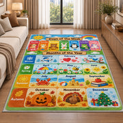pastel days and months calendar rug displayed in a sunlit lounge beside a sofa
