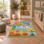 pastel days and months calendar rug displayed in a nursery beside an upholstered chair