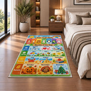 pastel days and months calendar rug displayed in a bedroom beside the bed