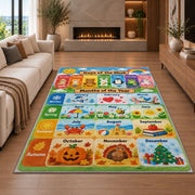 pastel days and months calendar rug displayed in a living room with a fireplace