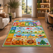 pastel days and months calendar rug displayed in a lounge with wooden shelves