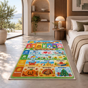 pastel days and months calendar rug displayed in a bedroom in sunlight