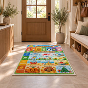 pastel days and months calendar rug displayed in a entryway beside a wooden door