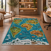 illustrated wildlife world map rug displayed in a living room with wooden shelves