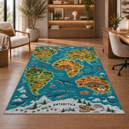 illustrated wildlife world map rug displayed in a living room with wooden shelves