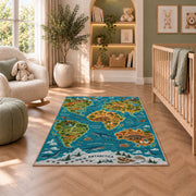 illustrated wildlife world map rug displayed in a nursery beside an upholstered chair