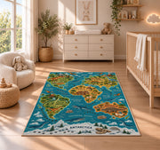 illustrated wildlife world map rug displayed in a nursery beside a crib