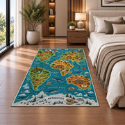 illustrated wildlife world map rug displayed in a bedroom beside the bed