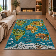 illustrated wildlife world map rug displayed in a living room with a fireplace