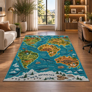 illustrated wildlife world map rug displayed in a lounge with wooden shelves
