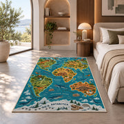 illustrated wildlife world map rug displayed in a bedroom in sunlight