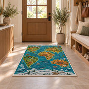 illustrated wildlife world map rug displayed in a entryway beside a wooden door