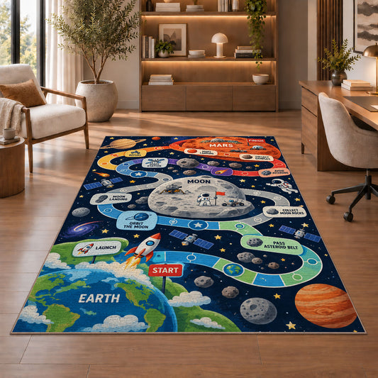 planet mission counting adventure trail rug displayed in a living room with wooden shelves