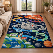 planet mission counting adventure trail rug displayed in a sunlit lounge beside a sofa