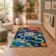 planet mission counting adventure trail rug displayed in a nursery beside an upholstered chair
