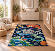 planet mission counting adventure trail rug displayed in a nursery beside a crib