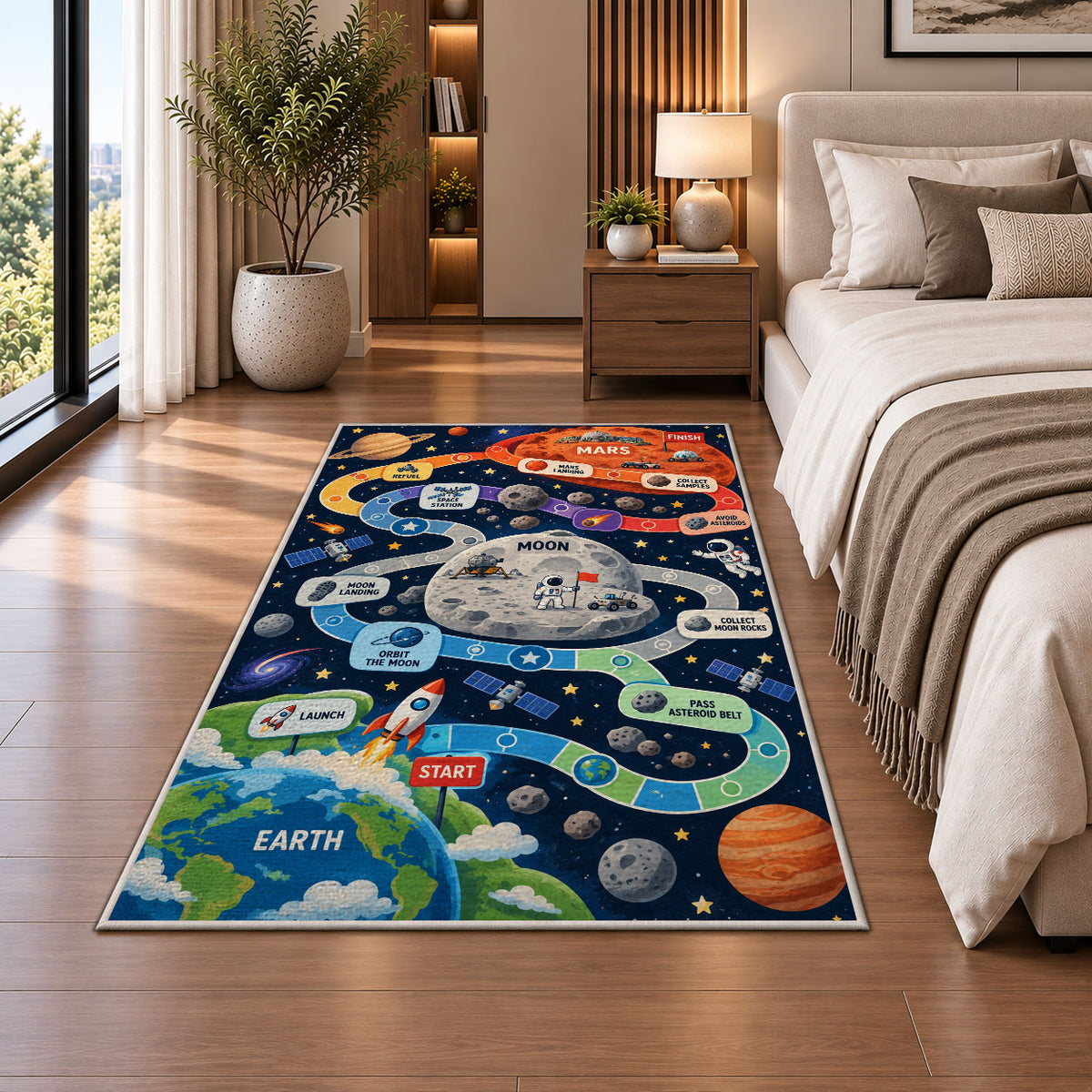 planet mission counting adventure trail rug displayed in a bedroom beside the bed