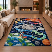 planet mission counting adventure trail rug displayed in a living room with a fireplace