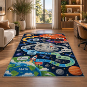 planet mission counting adventure trail rug displayed in a lounge with wooden shelves