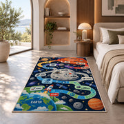 planet mission counting adventure trail rug displayed in a bedroom in sunlight