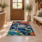 planet mission counting adventure trail rug displayed in a entryway beside a wooden door