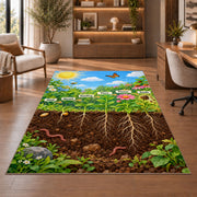 plant roots and underground nature rug displayed in a living room with wooden shelves