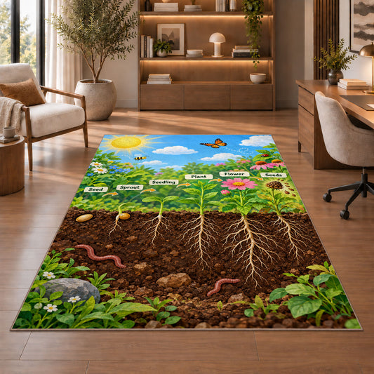 plant roots and underground nature rug displayed in a living room with wooden shelves