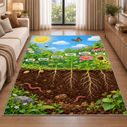 plant roots and underground nature rug displayed in a sunlit lounge beside a sofa