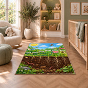 plant roots and underground nature rug displayed in a nursery beside an upholstered chair