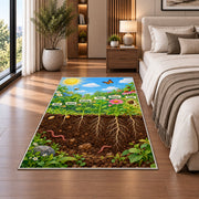 plant roots and underground nature rug displayed in a bedroom beside the bed